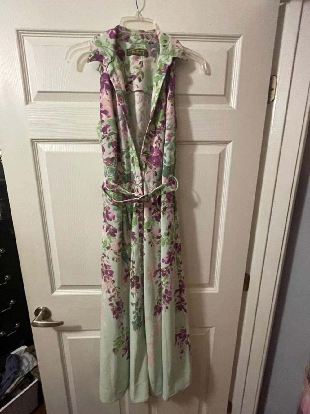 Sleeveless Floral belted button up  Dress in Mint and Purple